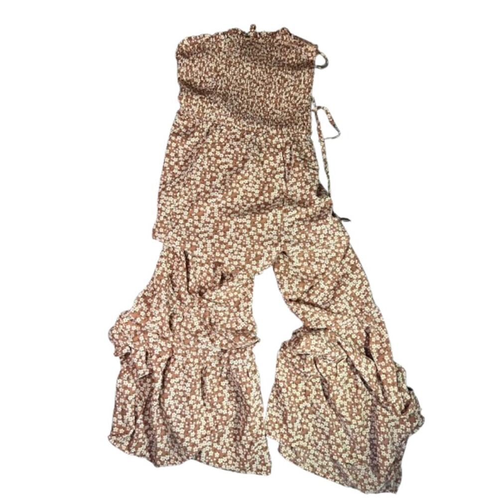 Lovesoft Peach Floral Smocked Bodice Wide Leg Jumpsuit Women's S